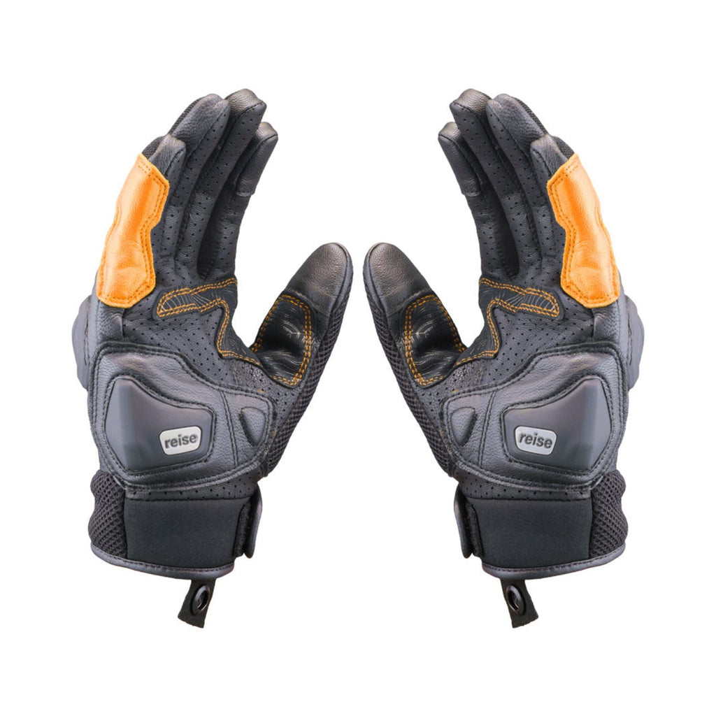 Reise Austra orange gloves with black mesh backs, grey palm panels and orange cuff detail