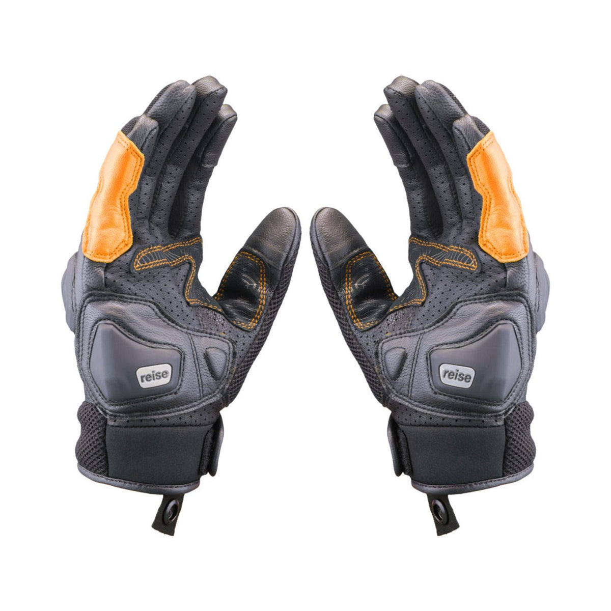 Reise Austra orange gloves with black mesh backs, grey palm panels and orange cuff detail