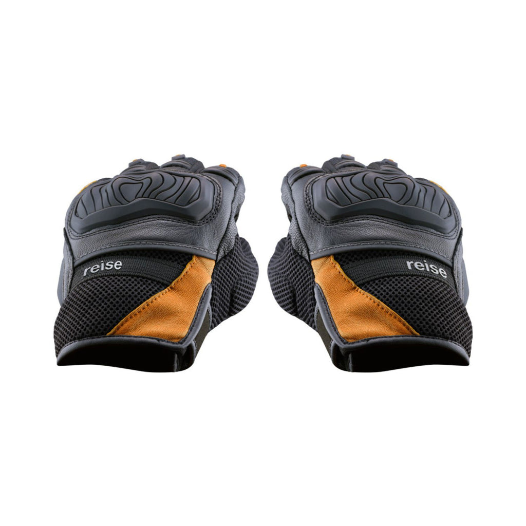 Riding gloves close-up with padded knuckle guard, black mesh, and orange triangular inserts.