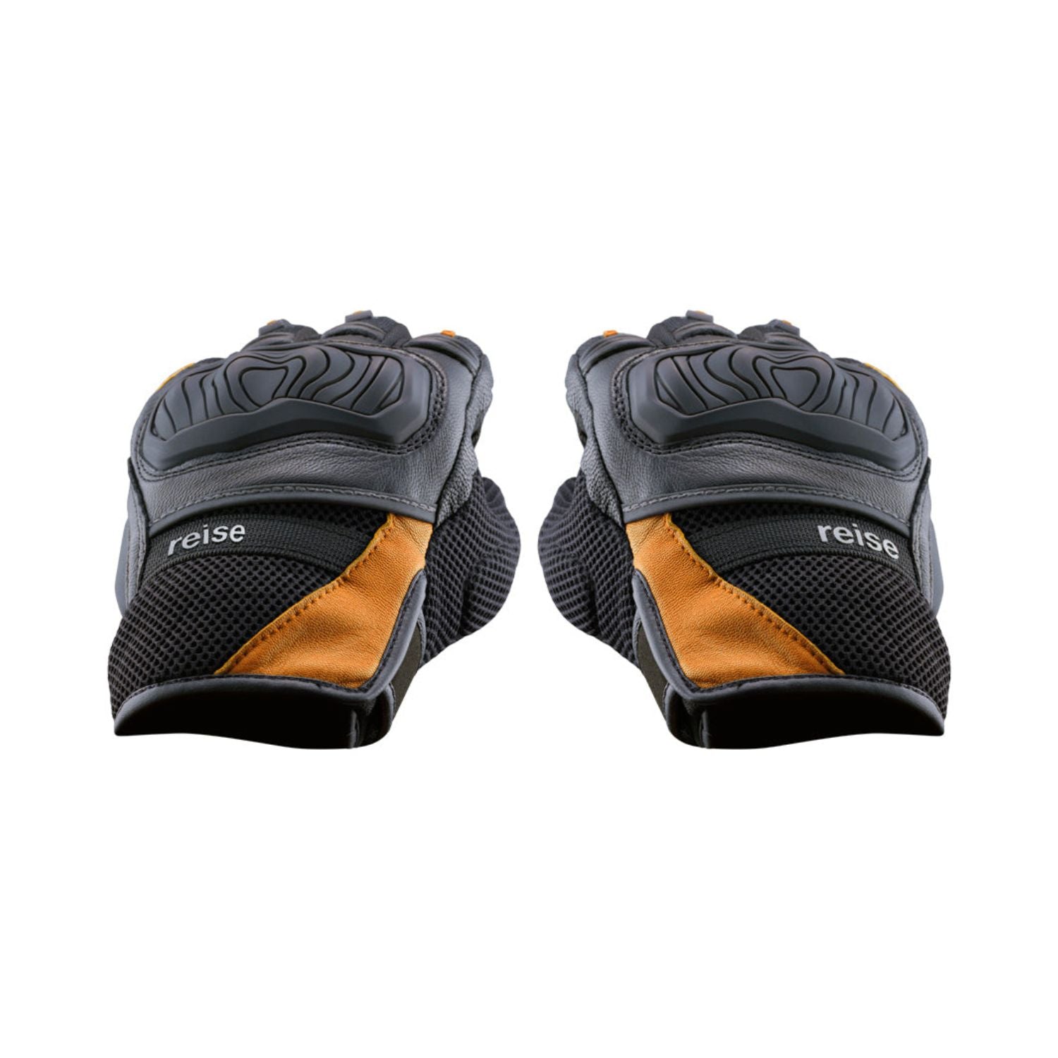 Riding gloves close-up with padded knuckle guard, black mesh, and orange triangular inserts.