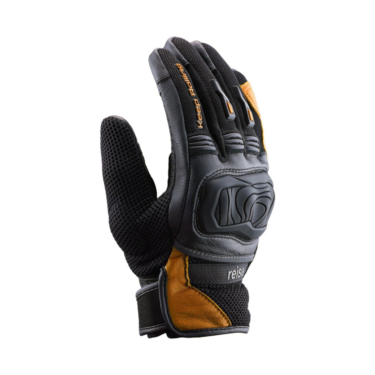 Reise Austra orange glove side view with textured padding and protective knuckle guard