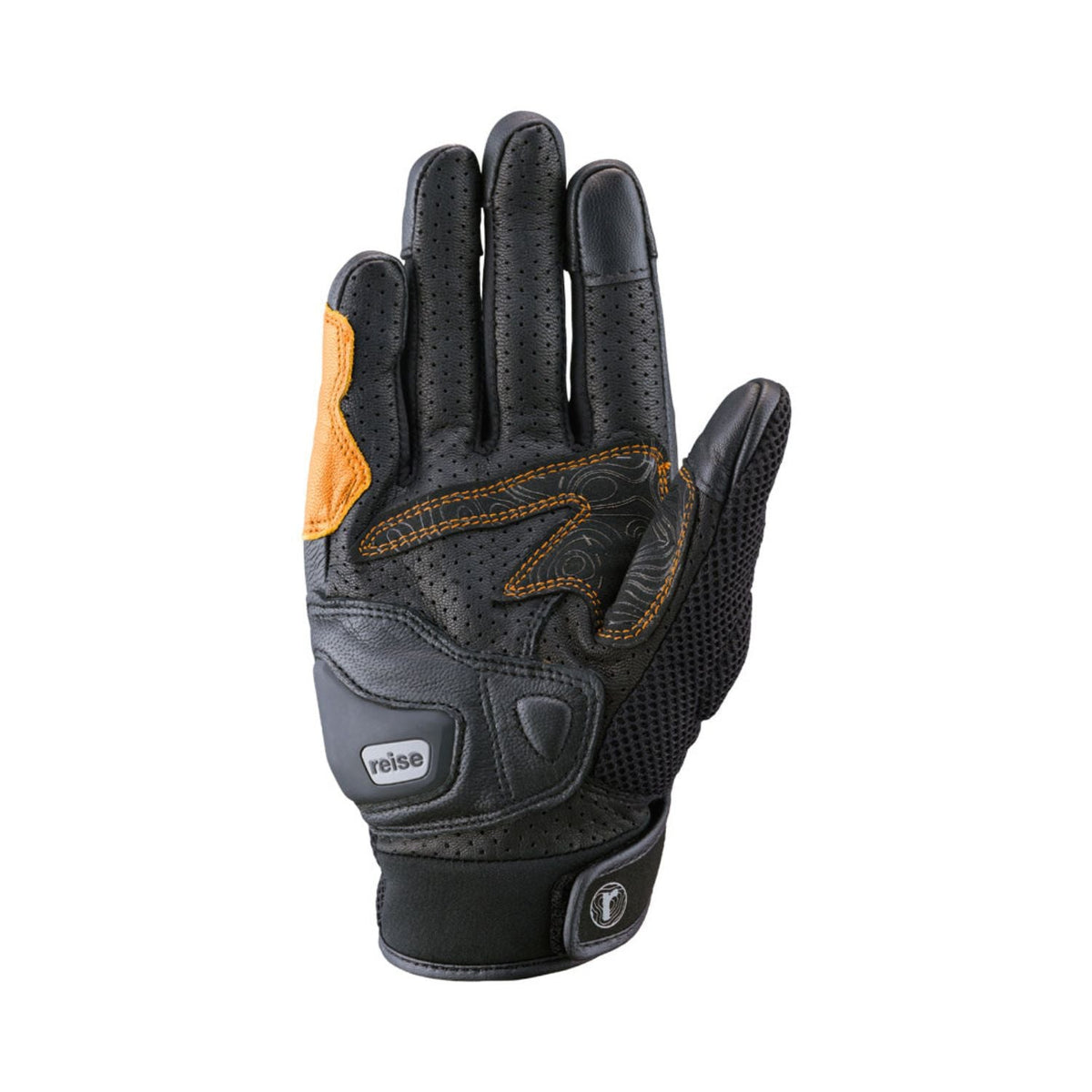 Reise Austra orange glove palm view with grip padding and Reise logo label