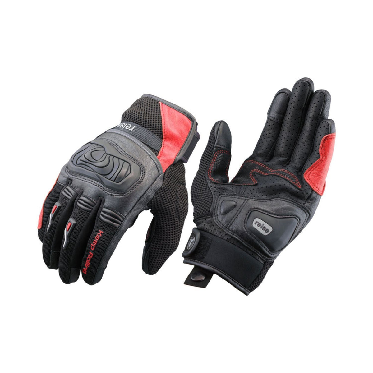 Reise Austra gloves in black with red accents, perforated knuckles and wrist strap