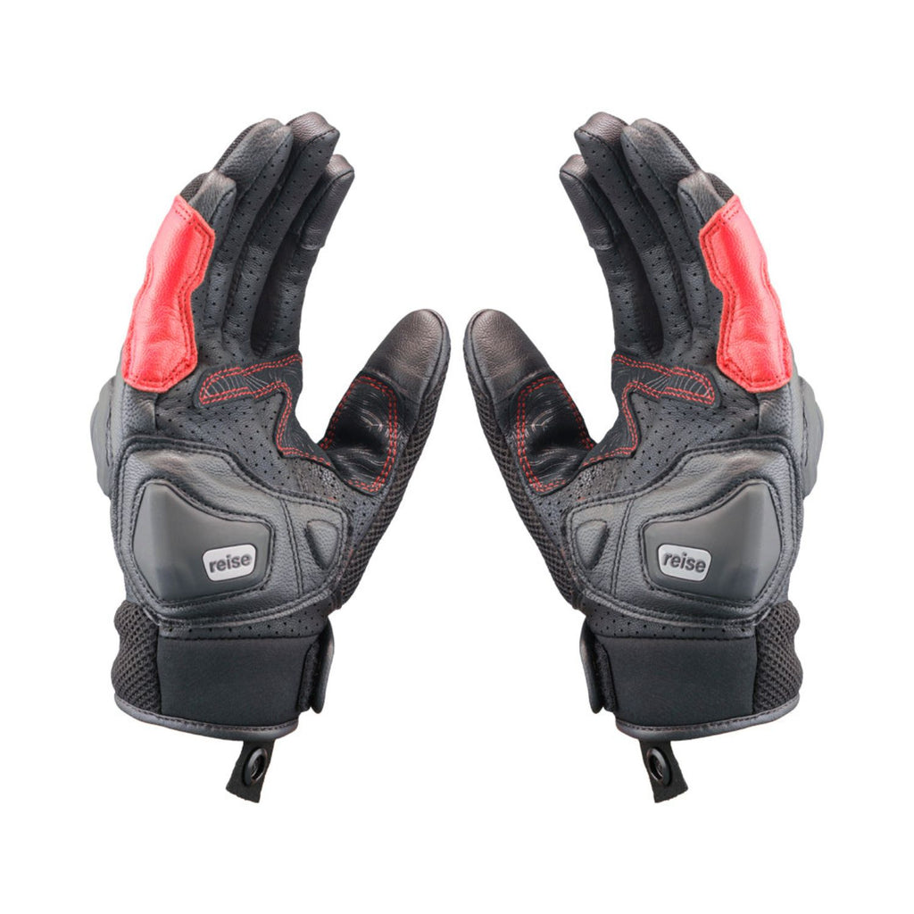 Black motorcycle gloves with red panels, molded palms and perforated finger tops