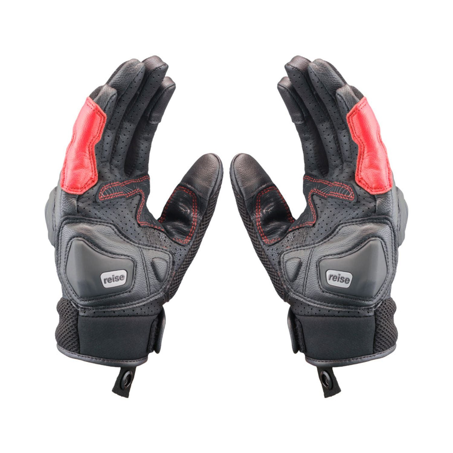 Black motorcycle gloves with red panels, molded palms and perforated finger tops