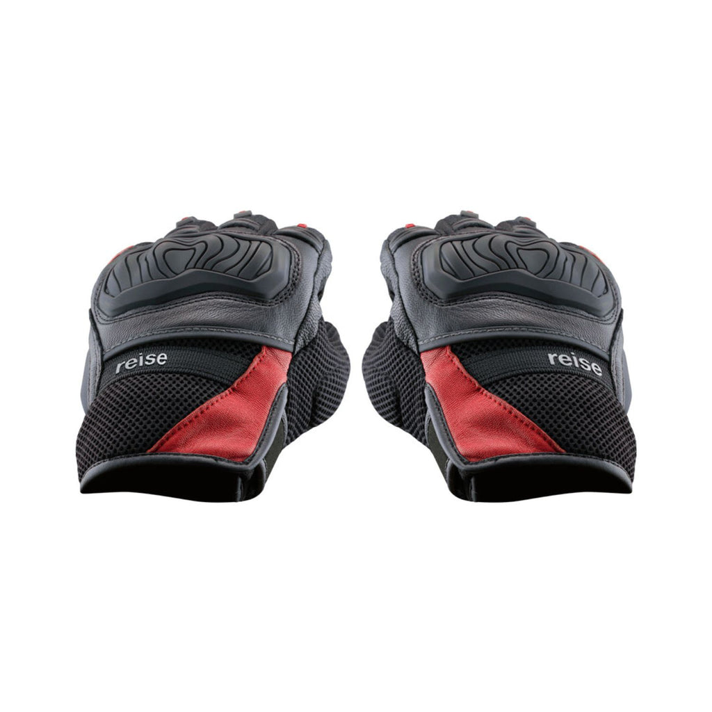 Black motorcycle gloves with red side panel, textured grip knuckle protectors