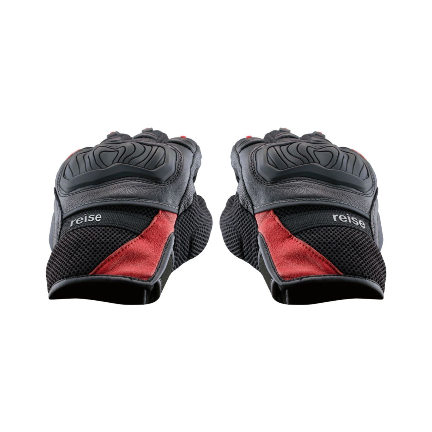 Black motorcycle gloves with red side panel, textured grip knuckle protectors