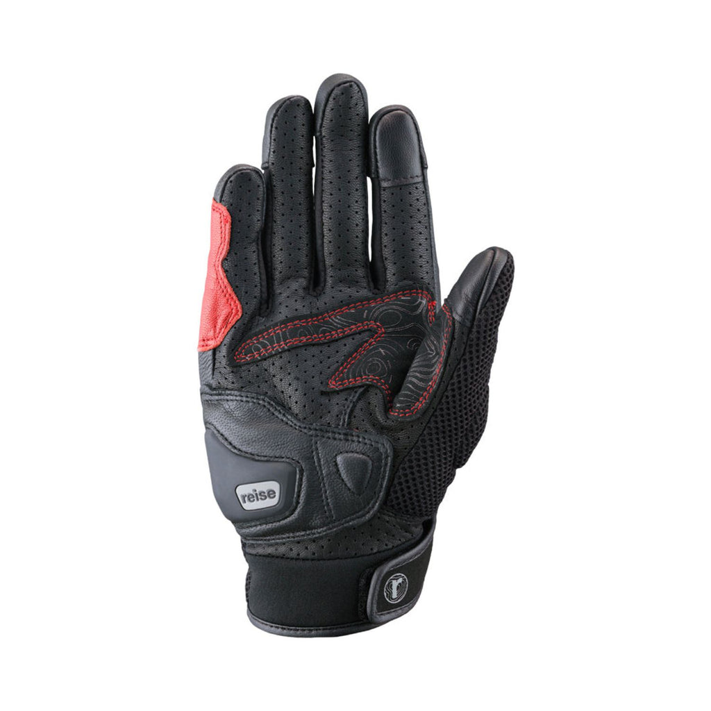 Black motorcycle gloves with red thumb panel, molded palm pads and logo patch