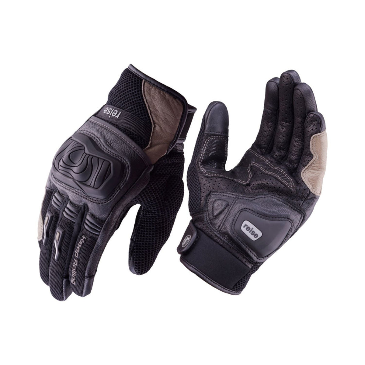 Reise Austra gloves in sand, dark shell with tan palm and wrist panels, padded knuckles