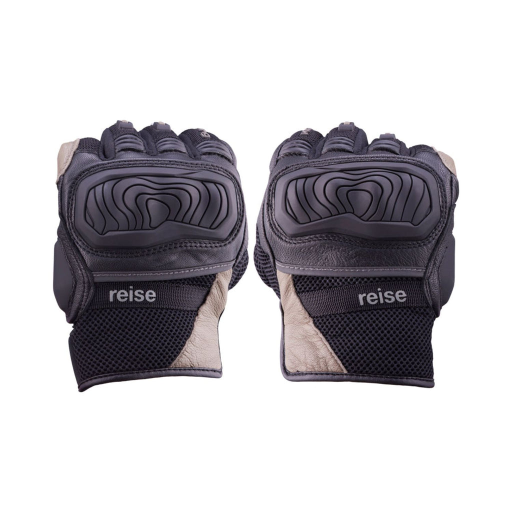 Reise Austra gloves, back view with cushioned knuckle guard and tan palm inset