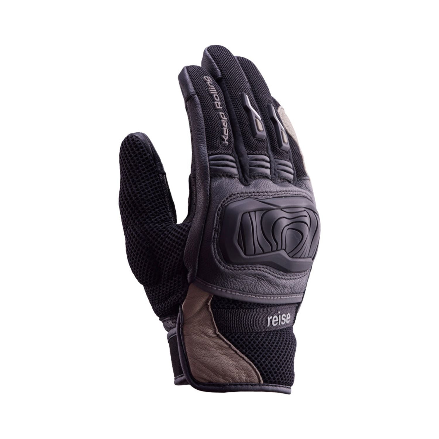 Reise Austra sand glove, dark mesh back with padded knuckle and tan leather panel