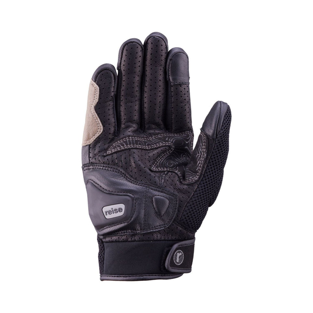 Reise Austra sand glove palm, dark grip with tan accents and Reise logo patch