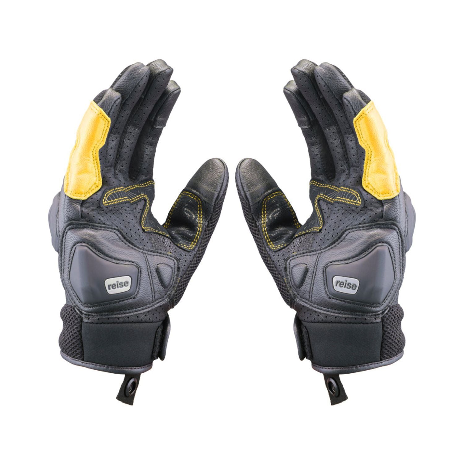 Pair of dark gray gloves with yellow wrist panels and padded knuckle protection