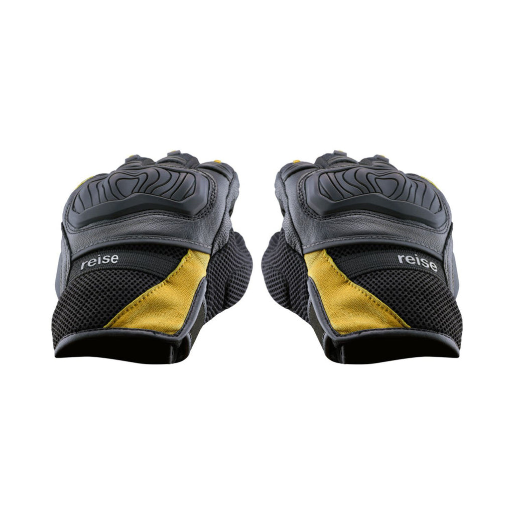 Dark gray glove palms with yellow side panels and textured grip padding