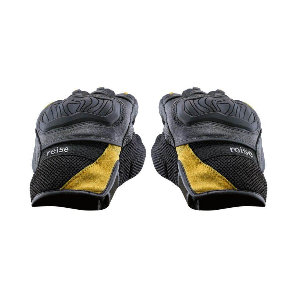 Reise Austra glove palms in dark grey with yellow side panels and textured grip padding