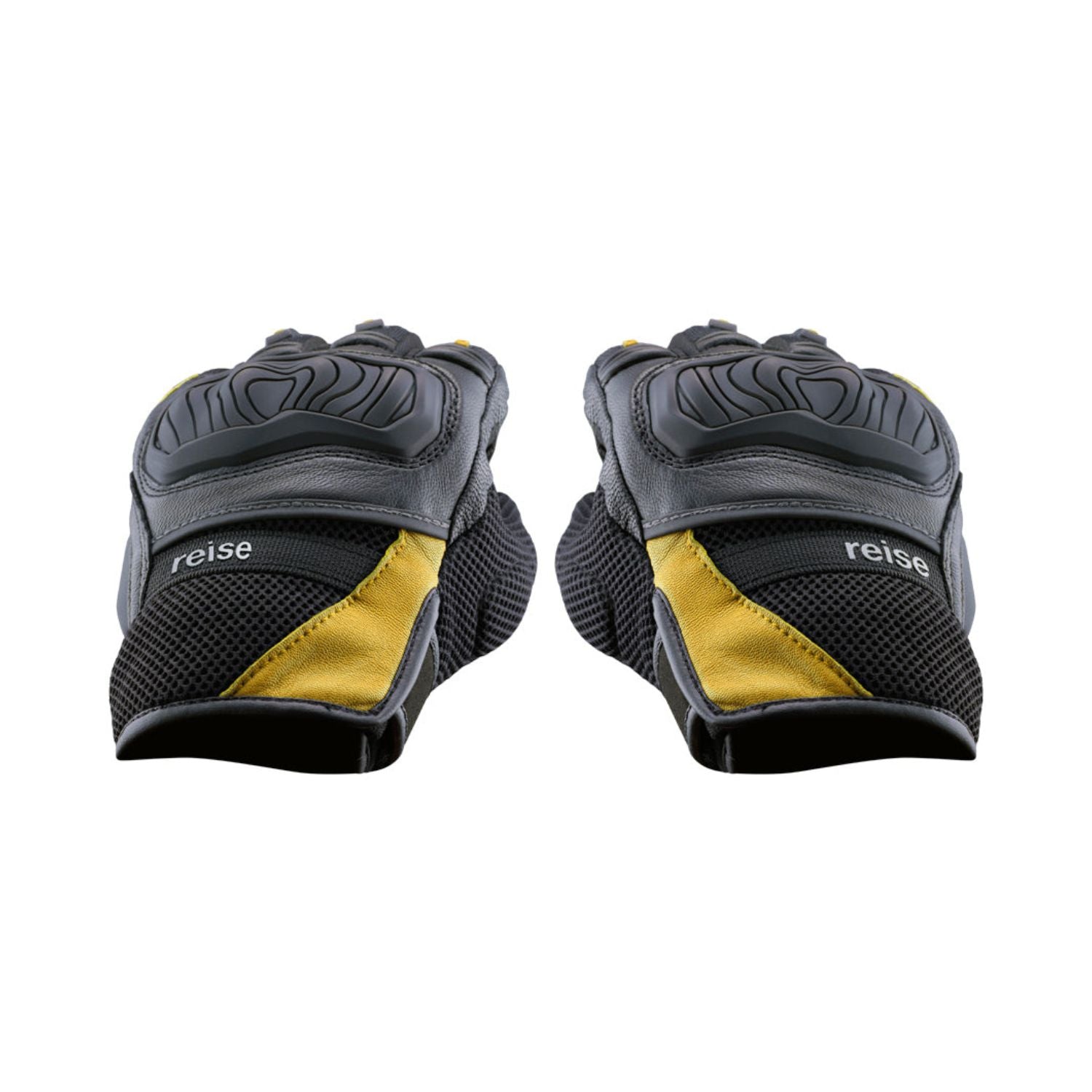 Reise Austra glove palms in dark grey with yellow side panels and textured grip padding