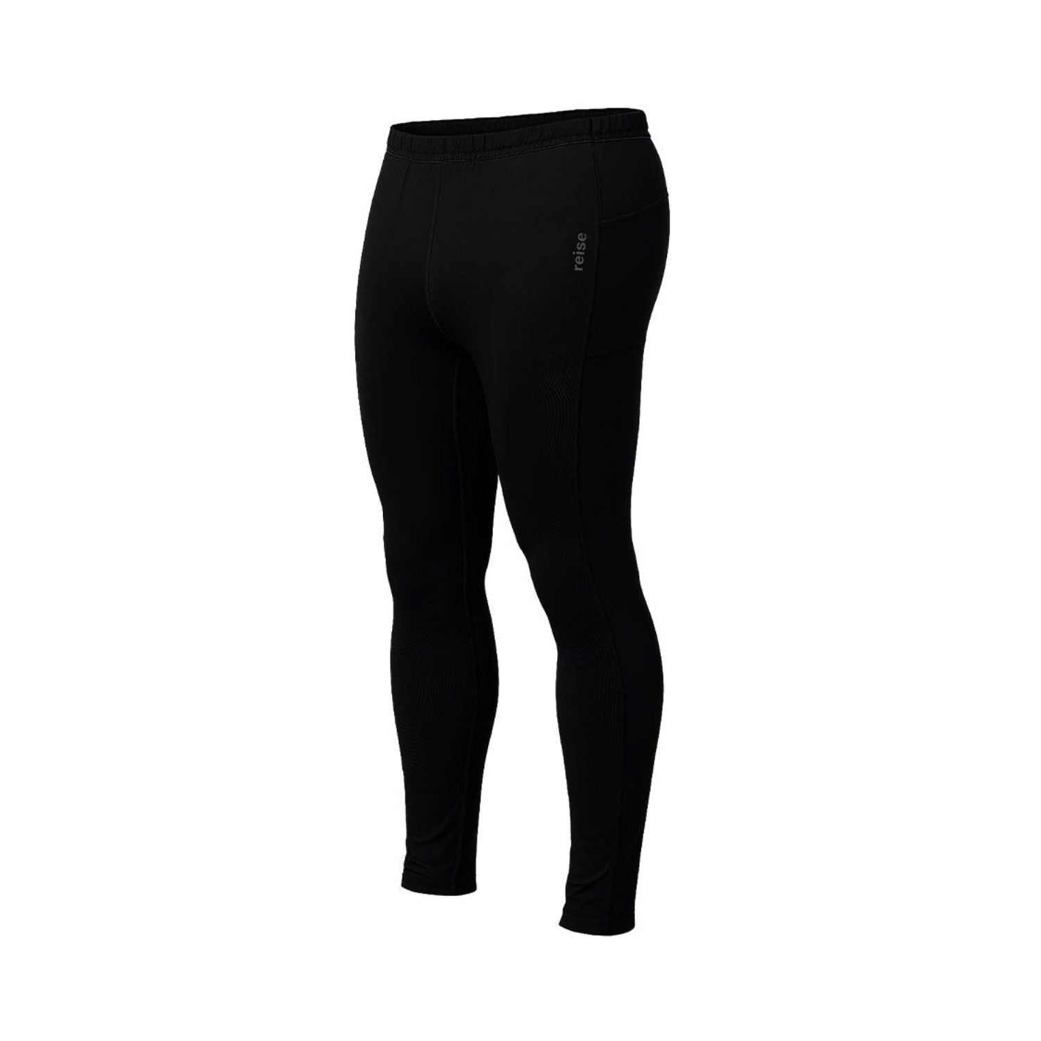 Black leggings, rear view, with elastic waistband and small logo detail