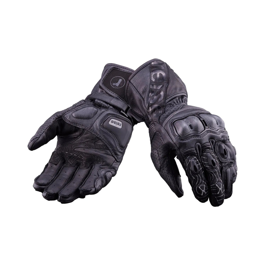 Black full gauntlet touring gloves with knuckle protection and armored palm