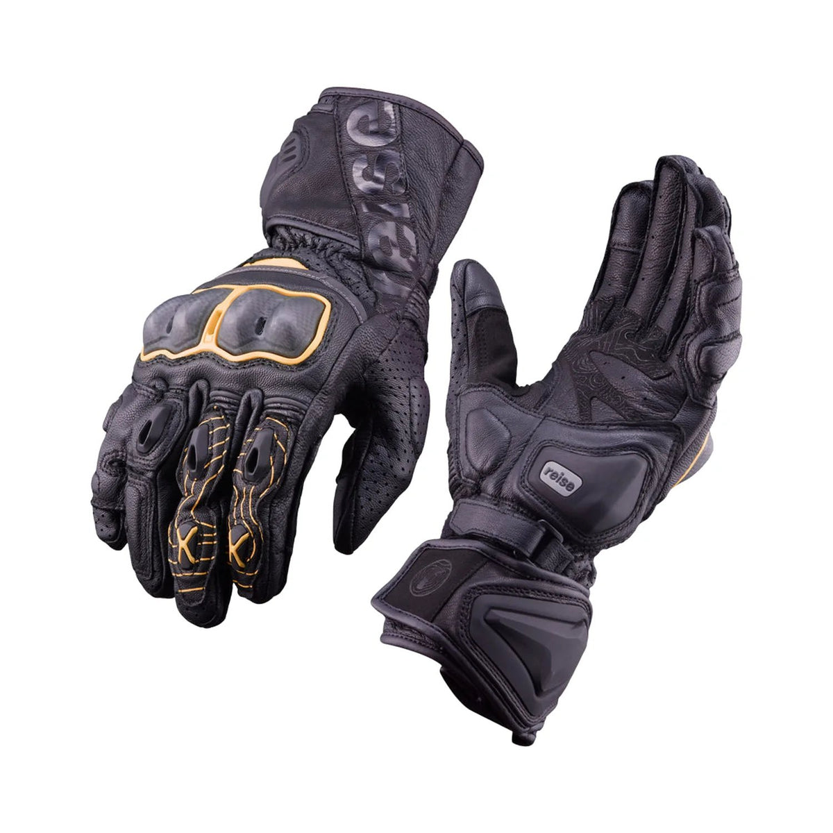 Reise Rhodes full gauntlet touring gloves in orange, back of hand with TPU knuckle protectors