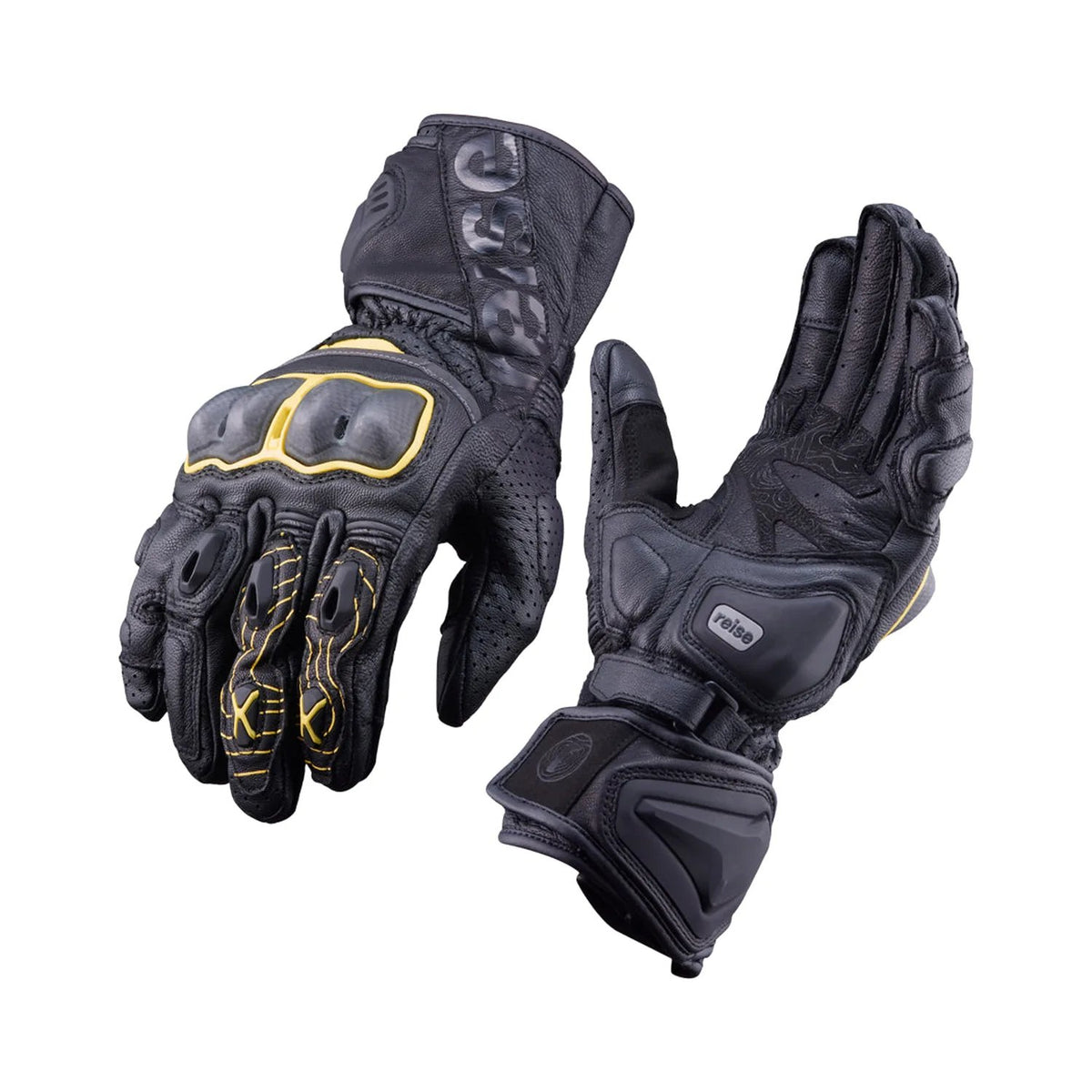 Reise Rhodes full gauntlet touring gloves in yellow, back of hand with TPU knuckle protectors
