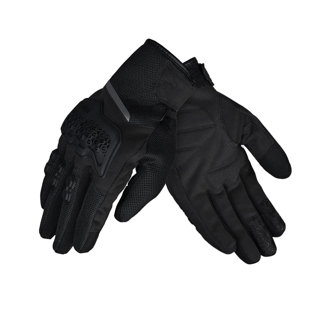 Black urban riding gloves with padded knuckles and textured grip palms.