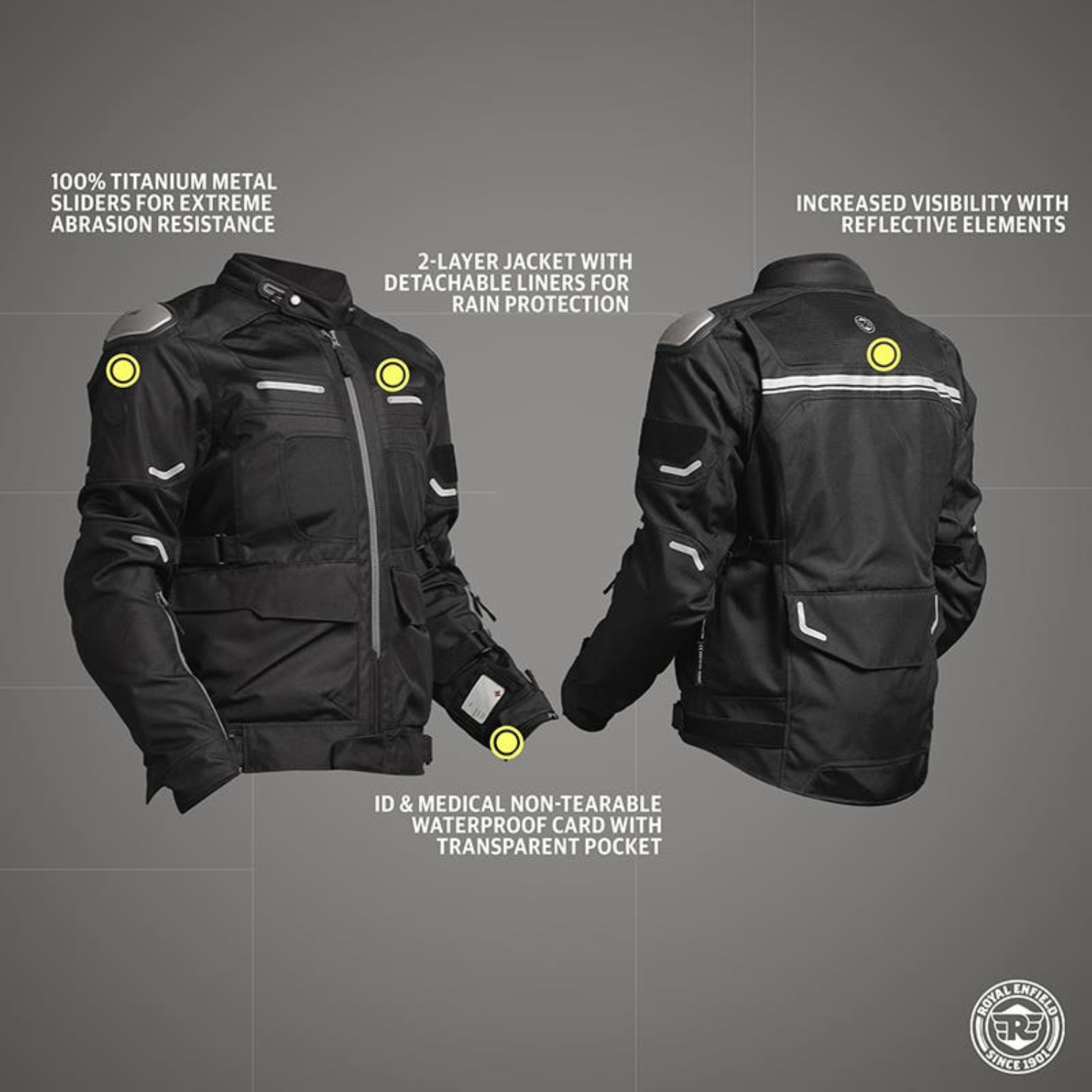 Crossroader jacket black with reflective trim, removable liner, chest and back panels