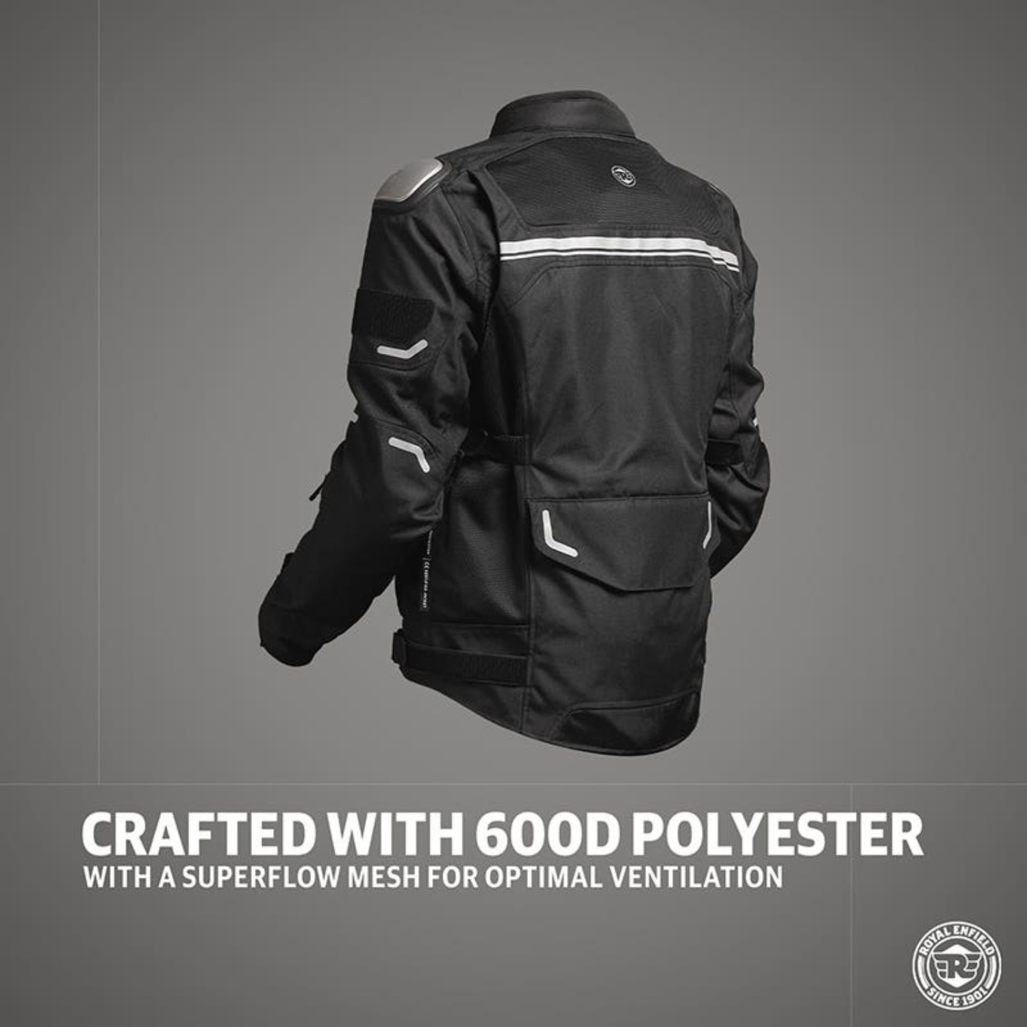 Crossroader jacket black, rear view with reflective shoulder band, protective sleeves