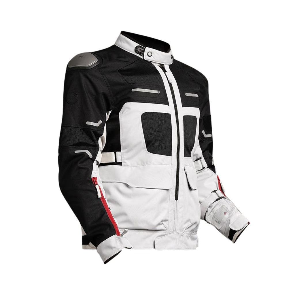 Two-tone riding jacket, front zip, multiple pockets, Size XL, black and white