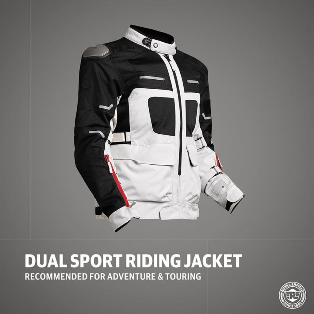 Two-tone riding jacket, front view with snap collar and reflective trim, black/white
