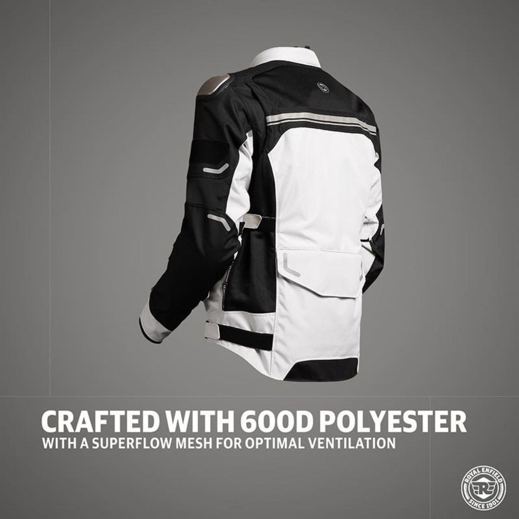 Two-tone riding jacket, back view with shoulder panels and reflective bands, black/white