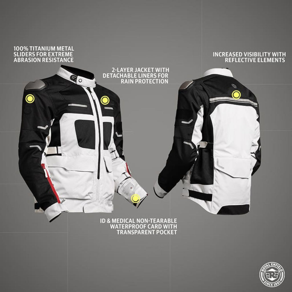 Two-tone riding jacket with reflective accents on sleeves and chest pockets, black/white