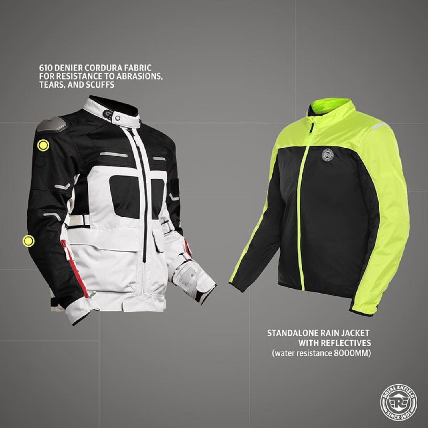 Two-tone riding jacket with neon green rain jacket and reflective piping, black/white