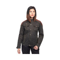 Olive women’s riding jacket with front buttons and two chest flap pockets