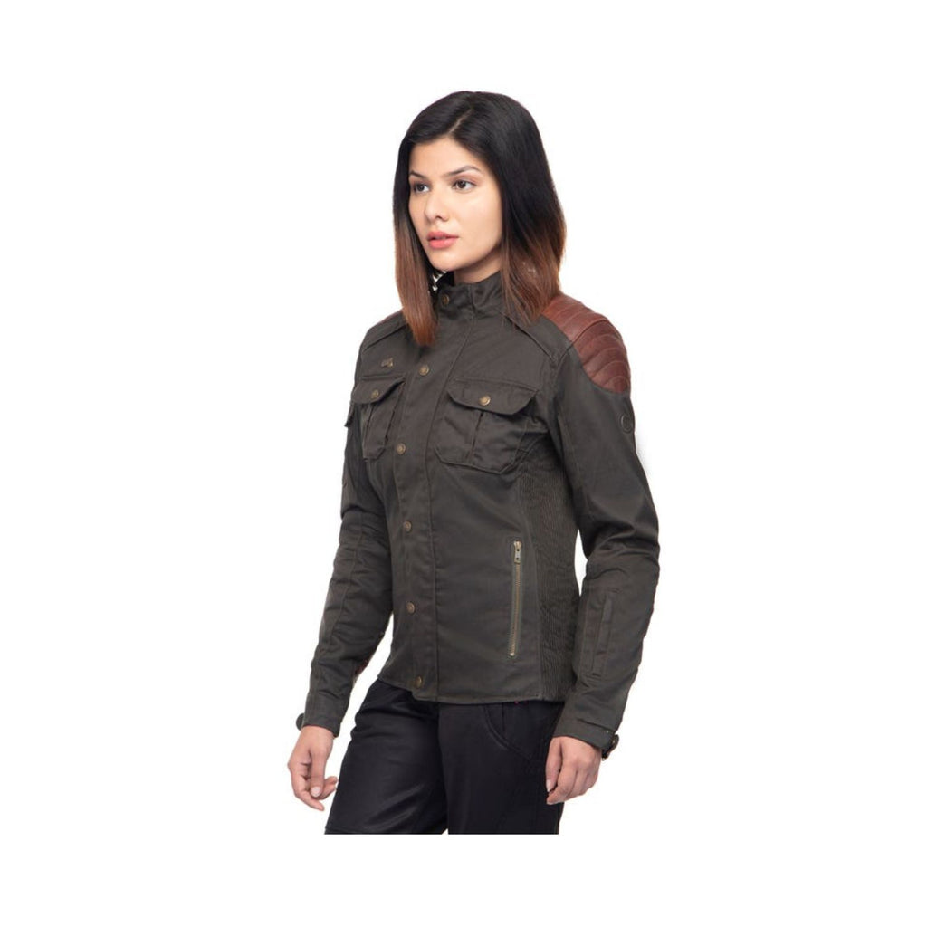 Olive women’s riding jacket with zip pocket, shoulder epaulette, and button front