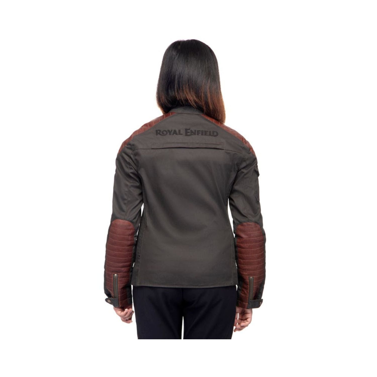 Back view of olive riding jacket with ROYAL ENFIELD logo and padded sleeve protectors