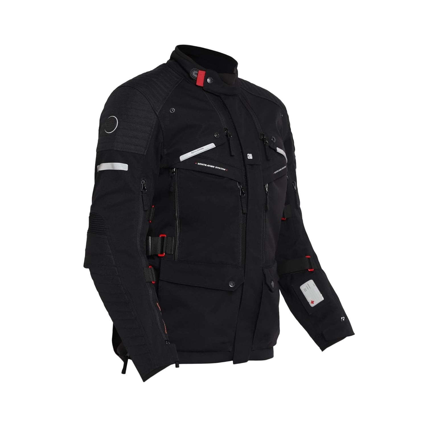 Black Nirvik V2 riding jacket, front view with hood, zip pockets and strap details.