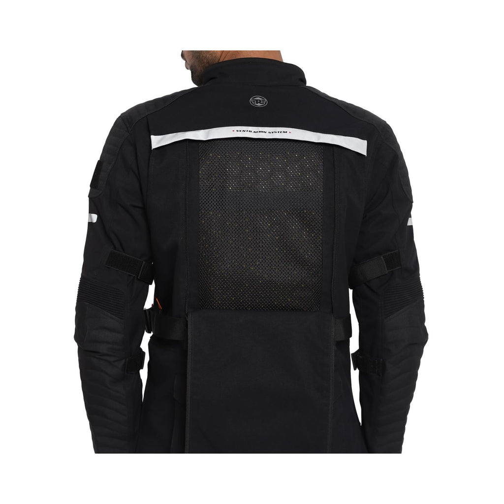 Black Nirvik V2 riding jacket back view with mesh panel and reflective shoulder stripe.