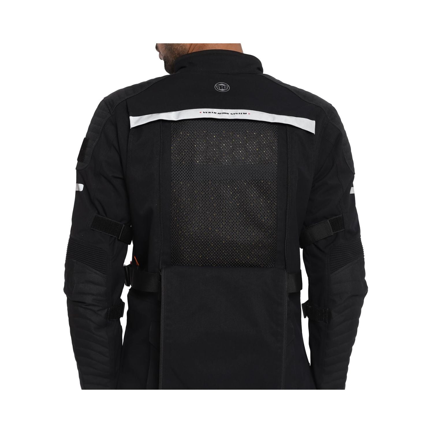 Black Nirvik V2 riding jacket back view with mesh panel and reflective shoulder stripe.