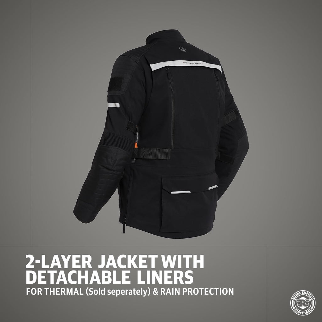 Black Nirvik V2 riding jacket back view with reflective stripe and flap utility pocket.