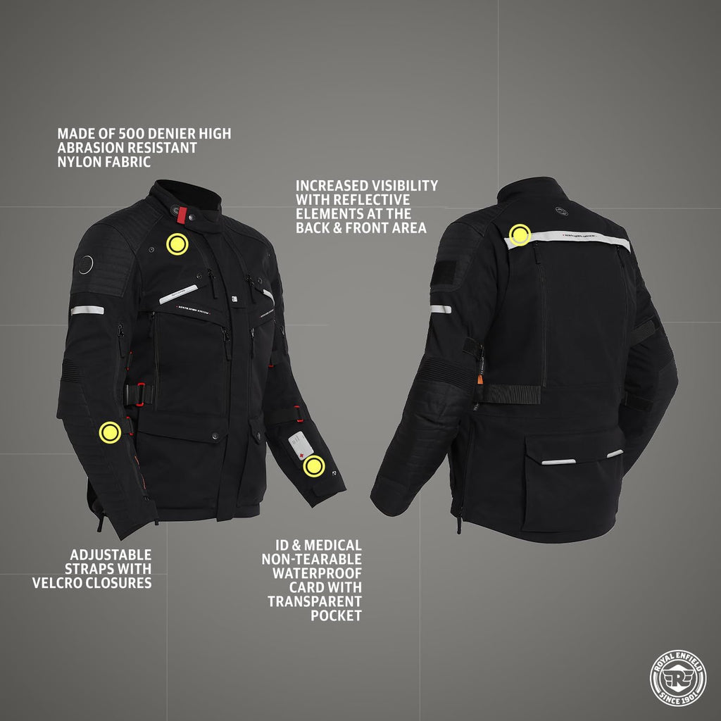 Black Nirvik V2 riding jacket with reflective accents, adjustable straps, and clear sleeve pocket.