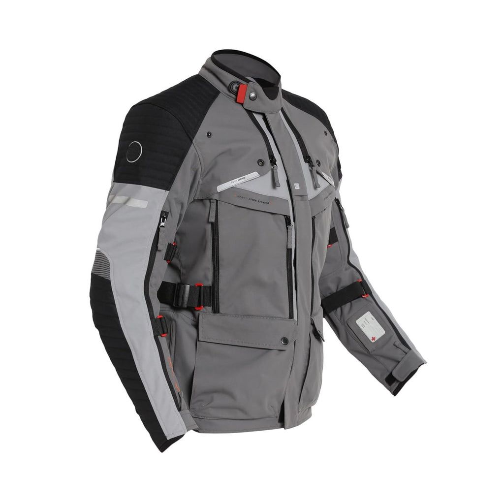 Charcoal & black Nirvik V2 riding jacket, front zip, straps and utility pockets