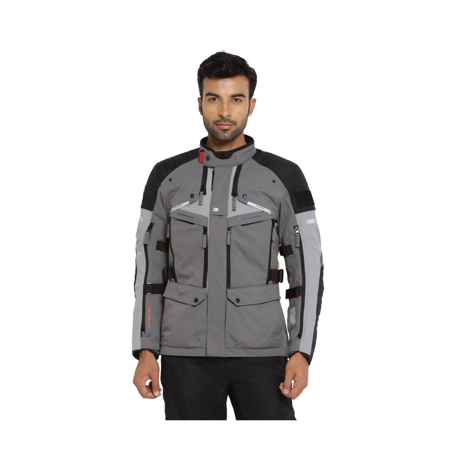 Charcoal Nirvik V2 riding jacket front view, multiple pockets and adjustable straps