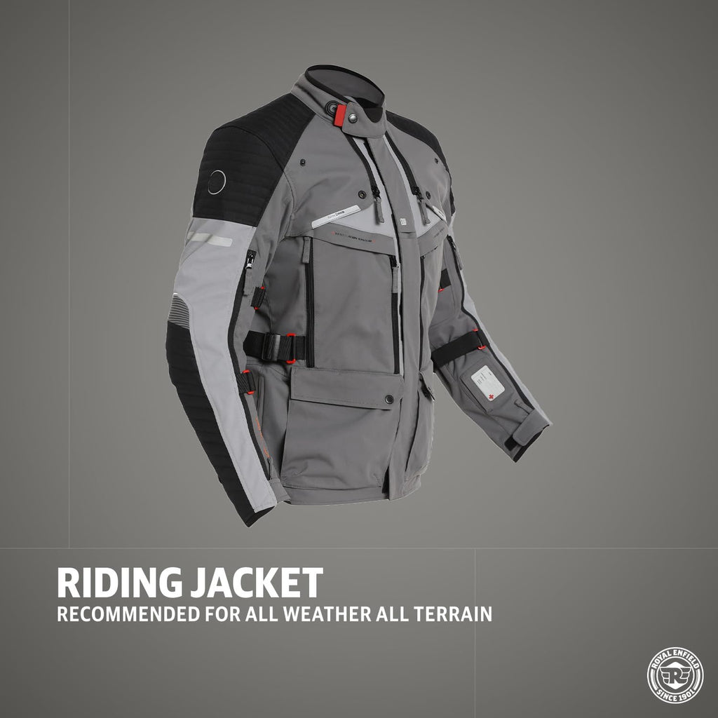 Charcoal & black Nirvik V2 riding jacket, side view with back detailing and pockets