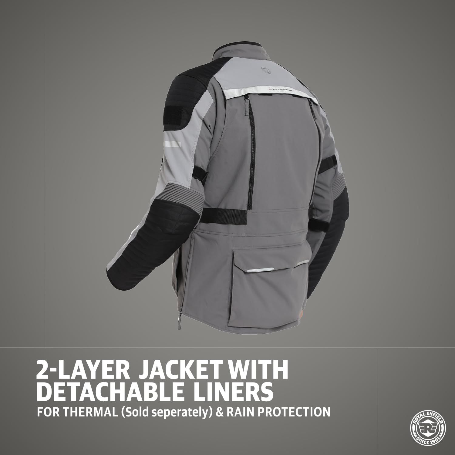 Charcoal Nirvik V2 riding jacket back view, black panels and rear pocket