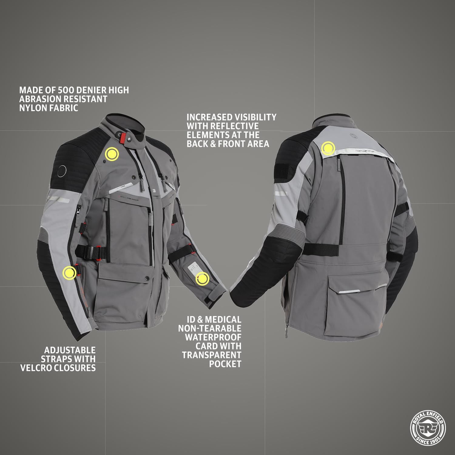 Charcoal Nirvik V2 riding jacket with reflective accents, straps, and waterproof pocket