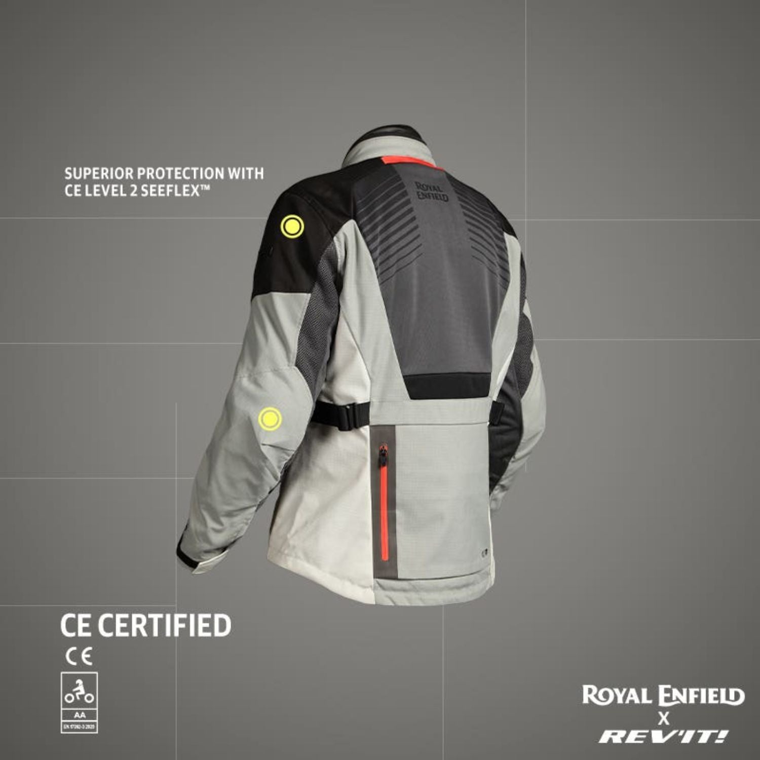 Sahara Air riding jacket back view with grey mesh panels and contrast sleeves
