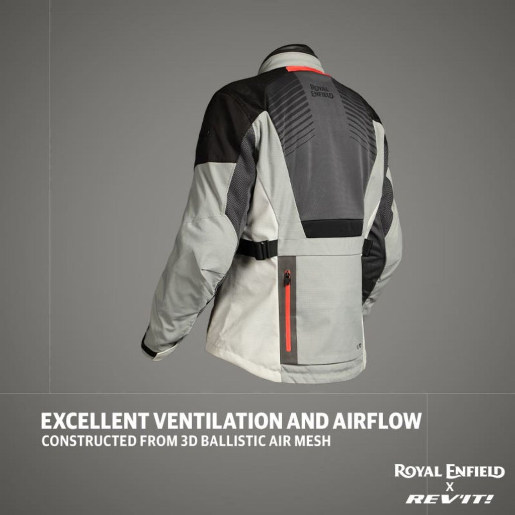 Sahara Air riding jacket rear view with adjustable strap and grey/white panels