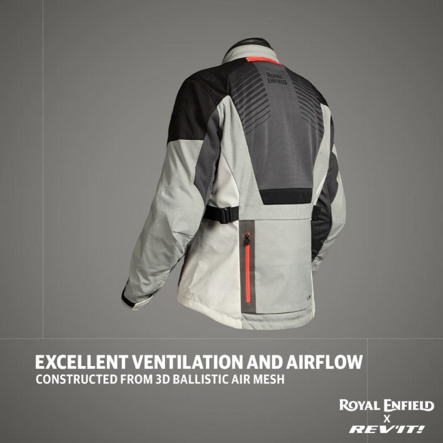 Sahara Air riding jacket rear view with adjustable strap and grey/white panels