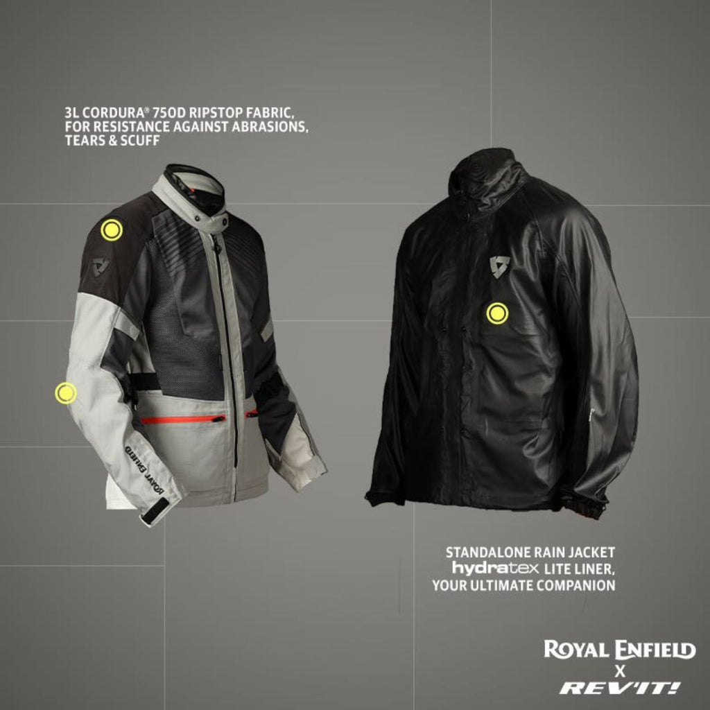 Sahara Air riding jacket shown with black standalone rain jacket hood