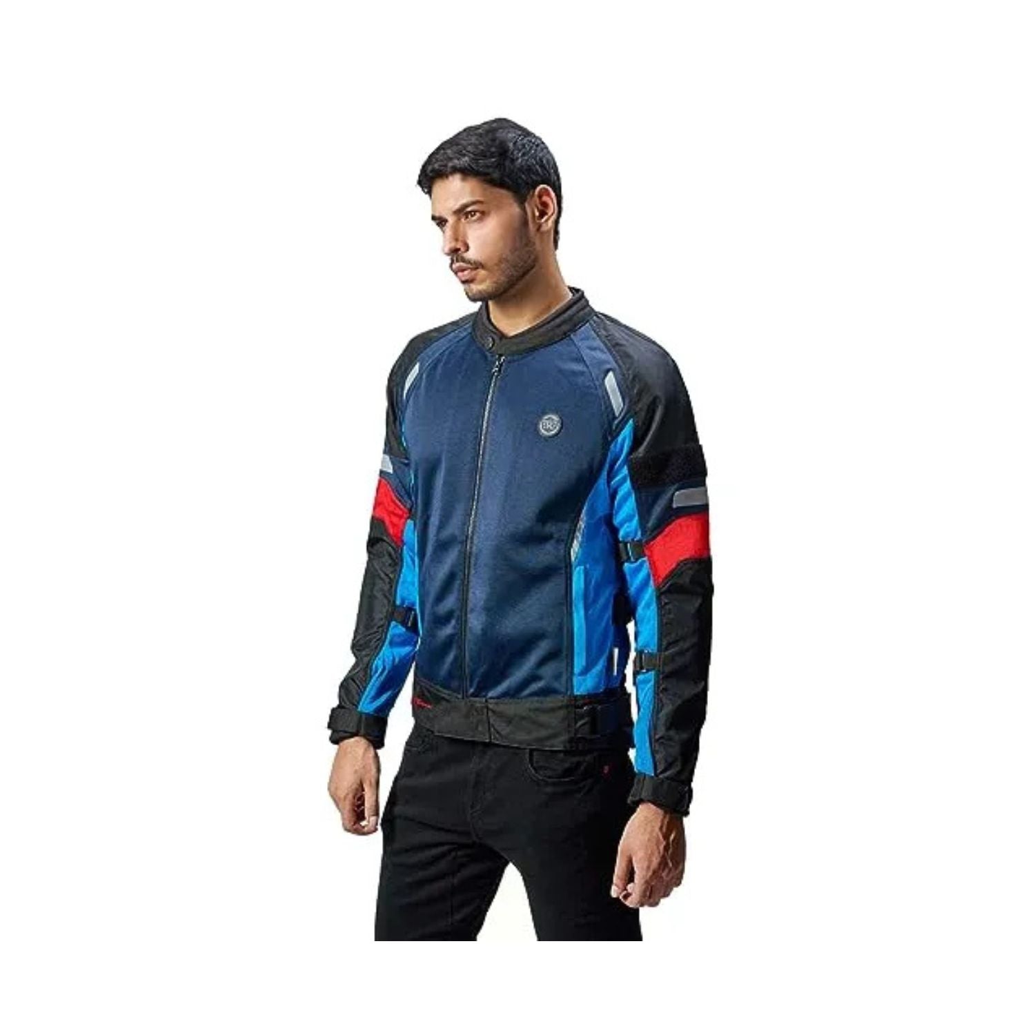 Streetwind R-Jacke Eco Blue, seitliche Ansicht mit Schutzpatches an Ärmeln